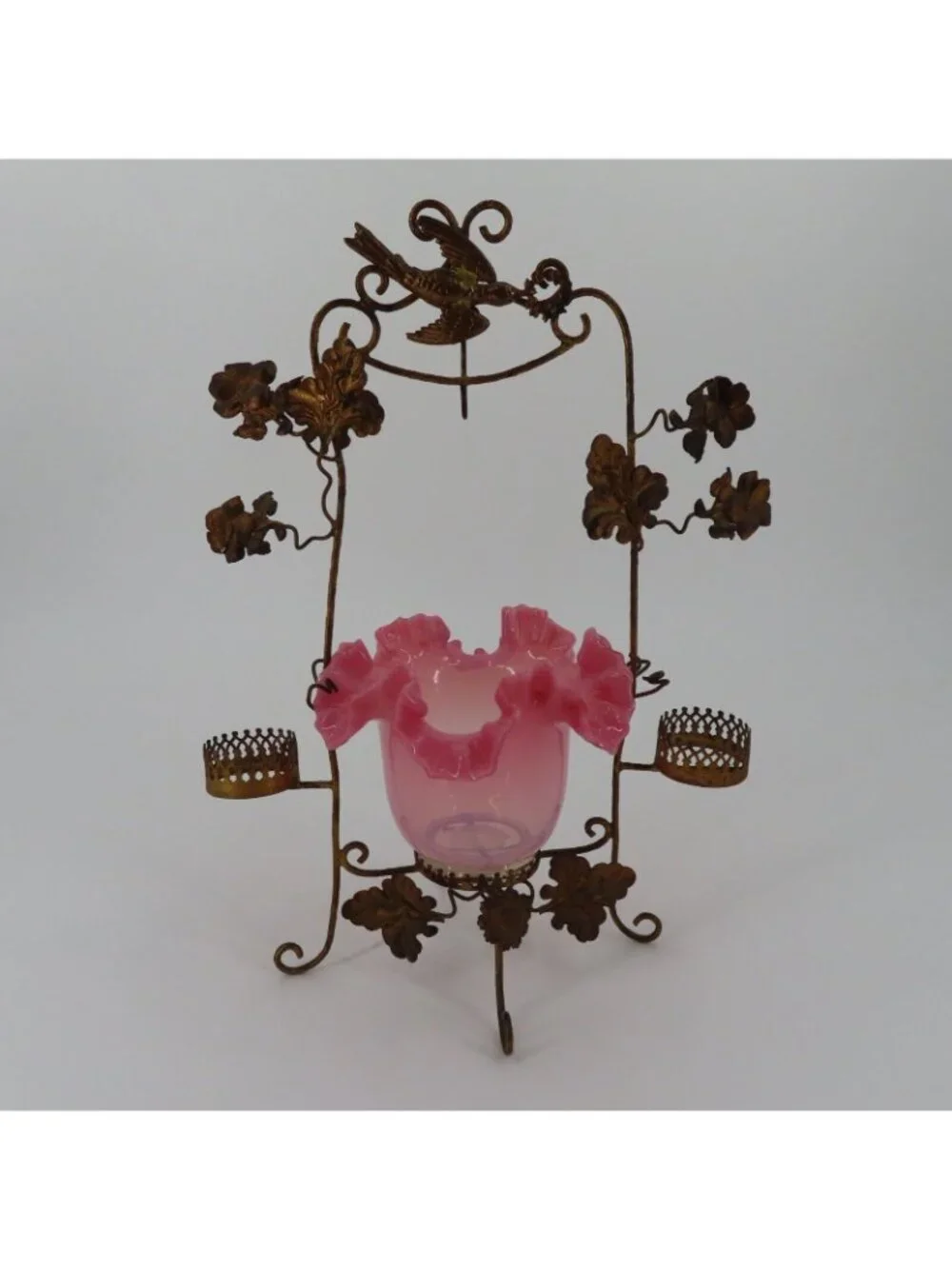 Antique French Gilt Pocket Watch Holder Vanity Pink Glass Bowl Bird Flowers